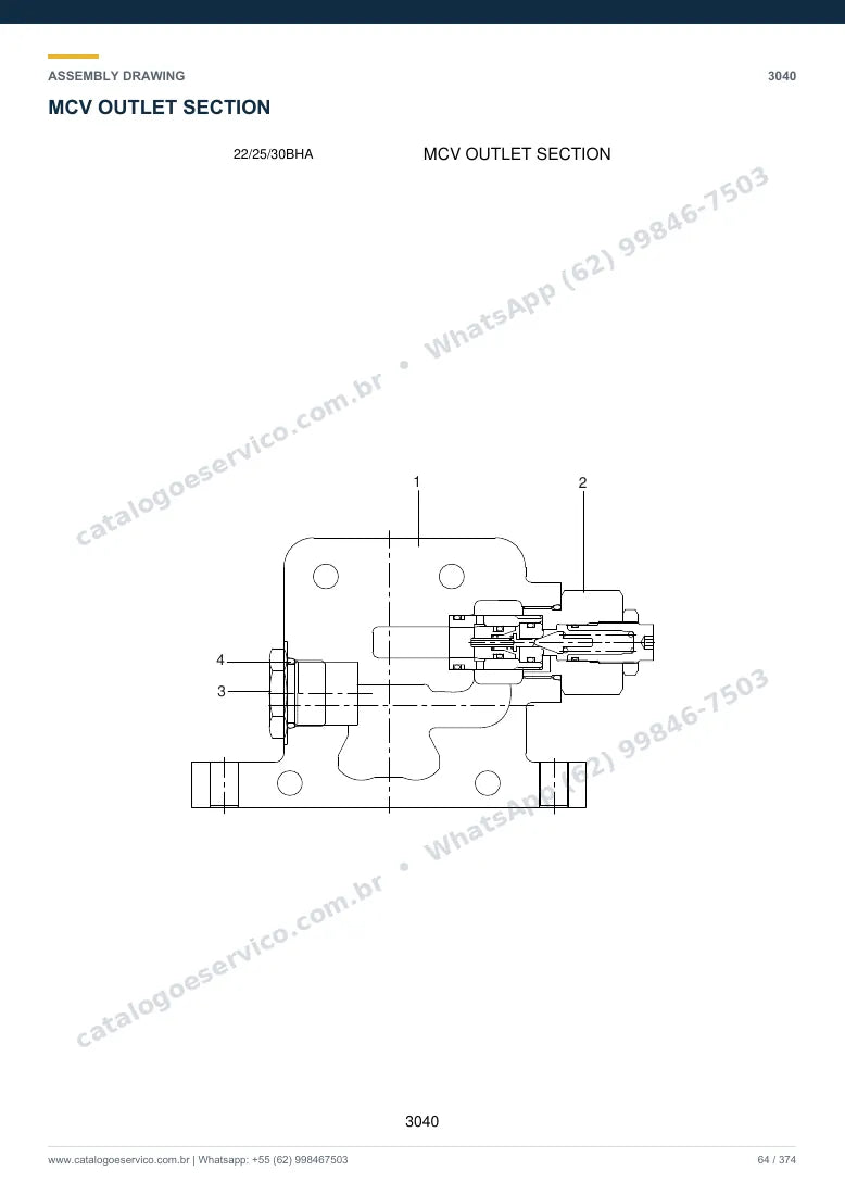 Catálogo de peças Hyundai 22/25/30BHA-7: desenho de montagem — bomba hidráulica e válvula de controle (MCV)