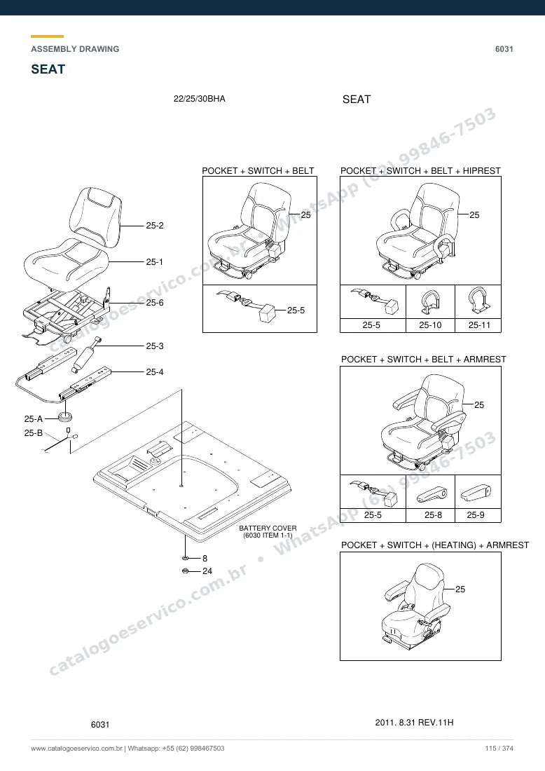Catálogo de peças Hyundai 22/25/30BHA-7: desenho de montagem — cabine, assento e comandos