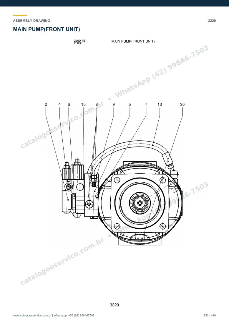 Catálogo de peças Hyundai 250D-7E: desenho de montagem — bomba hidráulica e válvula de controle (MCV)