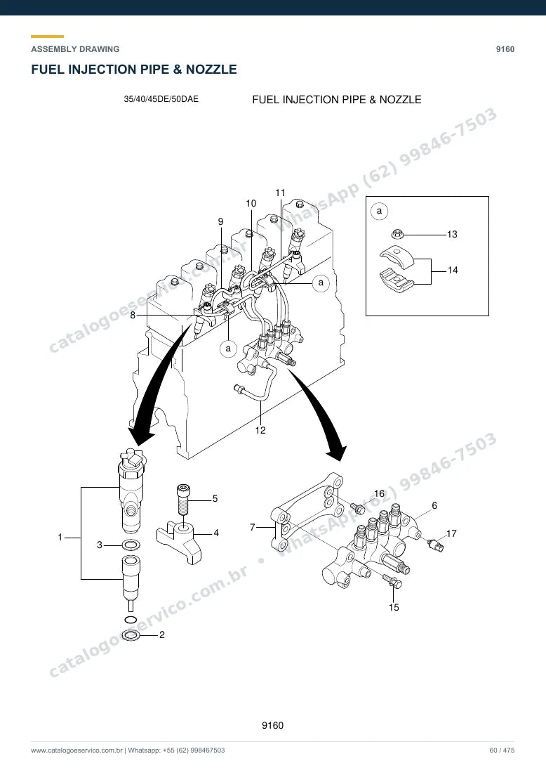 Catálogo de peças Hyundai 35/40/45D-7E e 50D-7AE: desenho de montagem — combustível e injeção
