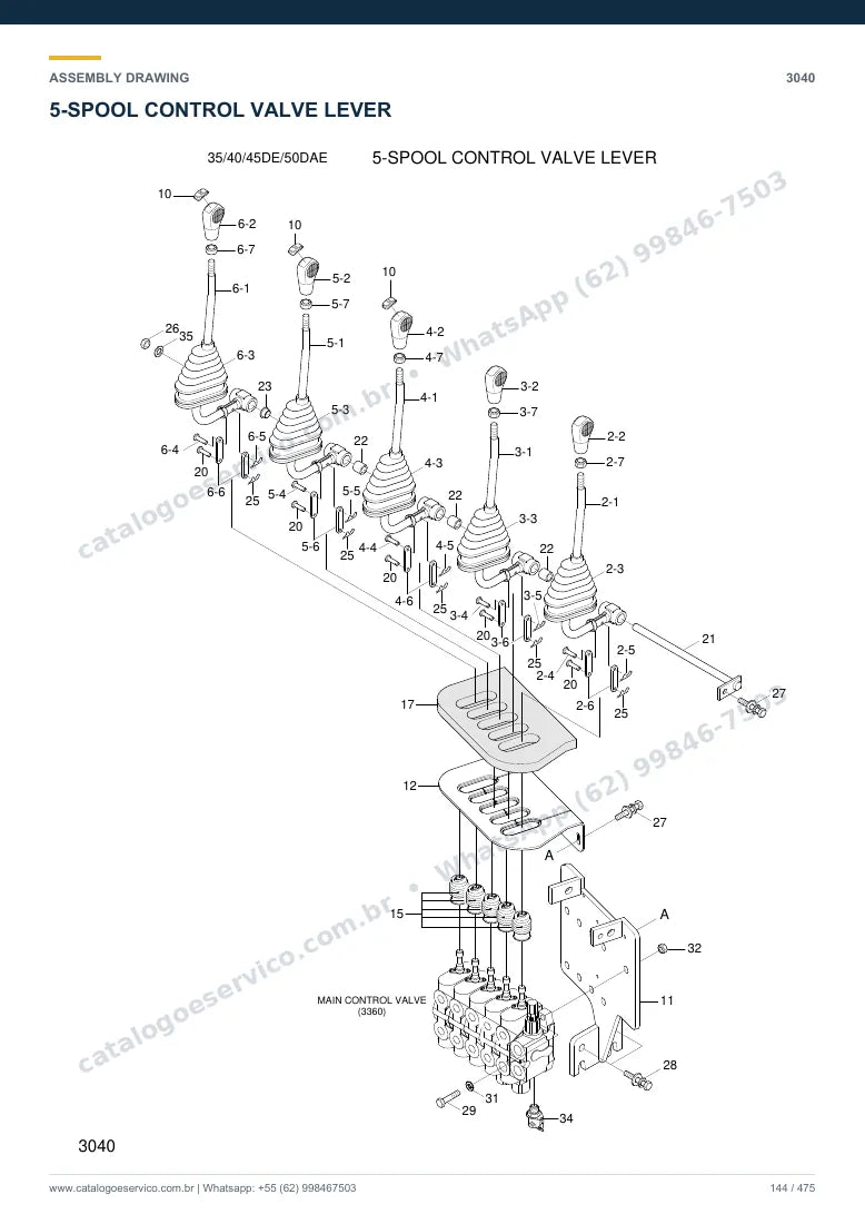 Catálogo de peças Hyundai 35/40/45D-7E e 50D-7AE: desenho de montagem — bomba hidráulica e válvula de controle (MCV)