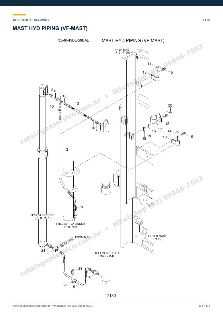 Catálogo de peças Hyundai 35/40/45D-7E e 50D-7AE: desenho de montagem — tubulações hidráulicas