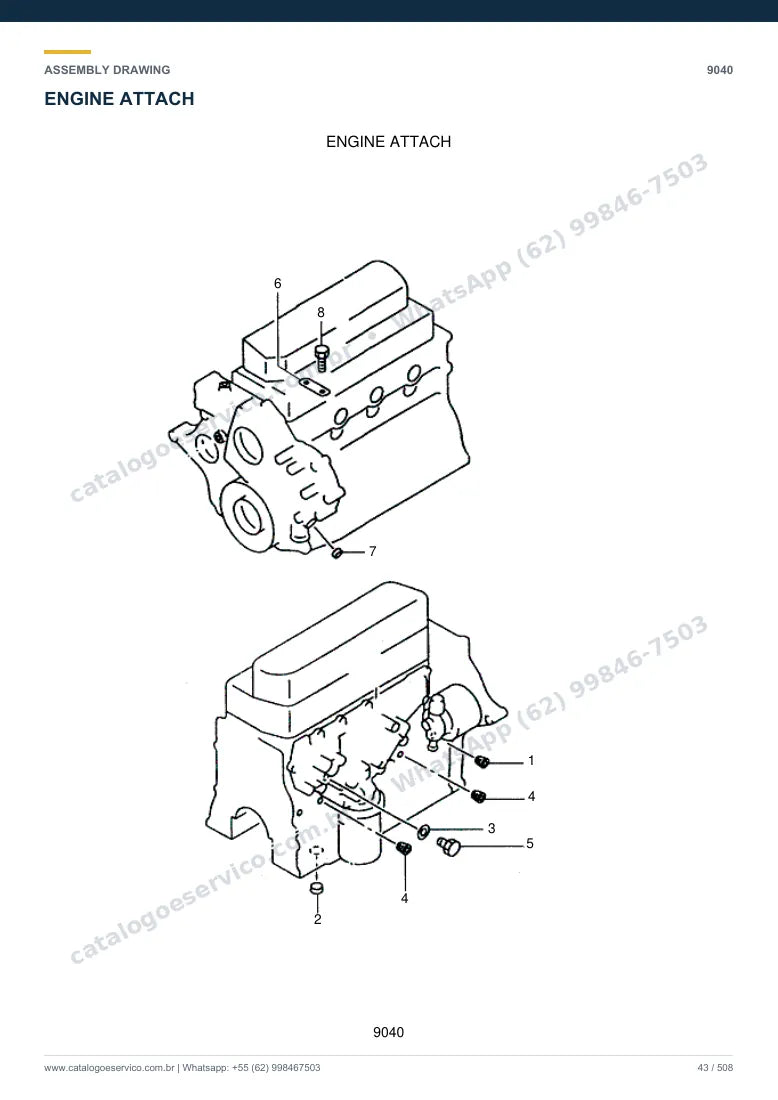 Catálogo de peças Hyundai 35D/40D/45D-7: desenho de montagem — motor e componentes internos
