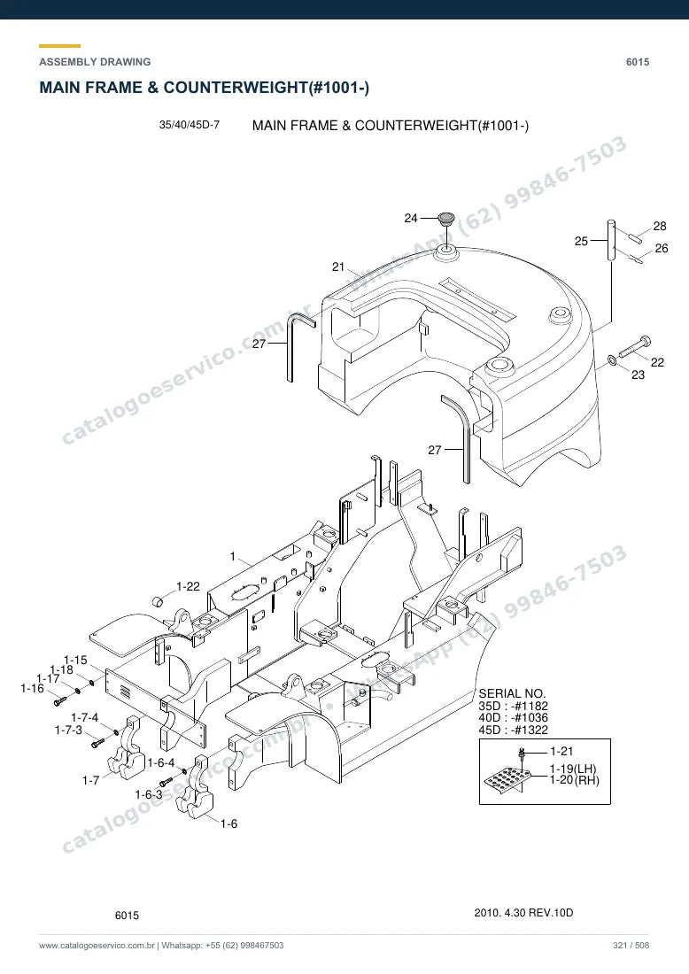 Catálogo de peças Hyundai 35D/40D/45D-7: desenho de montagem — estrutura, capôs e contrapeso