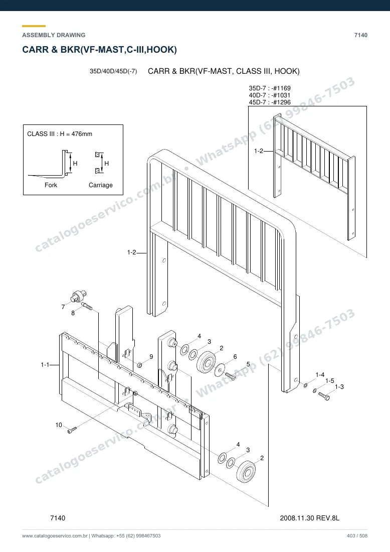 Catálogo de peças Hyundai 35D/40D/45D-7: desenho de montagem — torre, garfos e carro porta-garfos