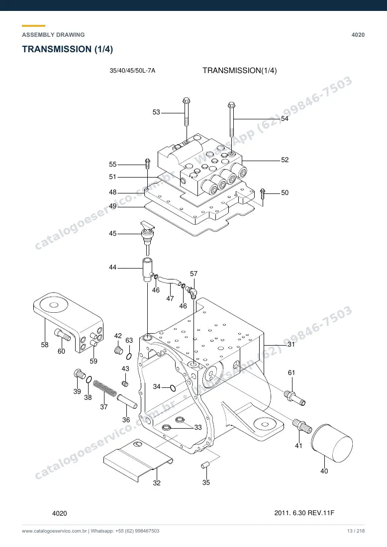 Catálogo de peças Hyundai 35/40/45/50L-7A: desenho de montagem — transmissão e conversor de torque
