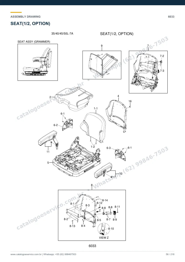 Catálogo de peças Hyundai 35/40/45/50L-7A: desenho de montagem — cabine, assento e comandos