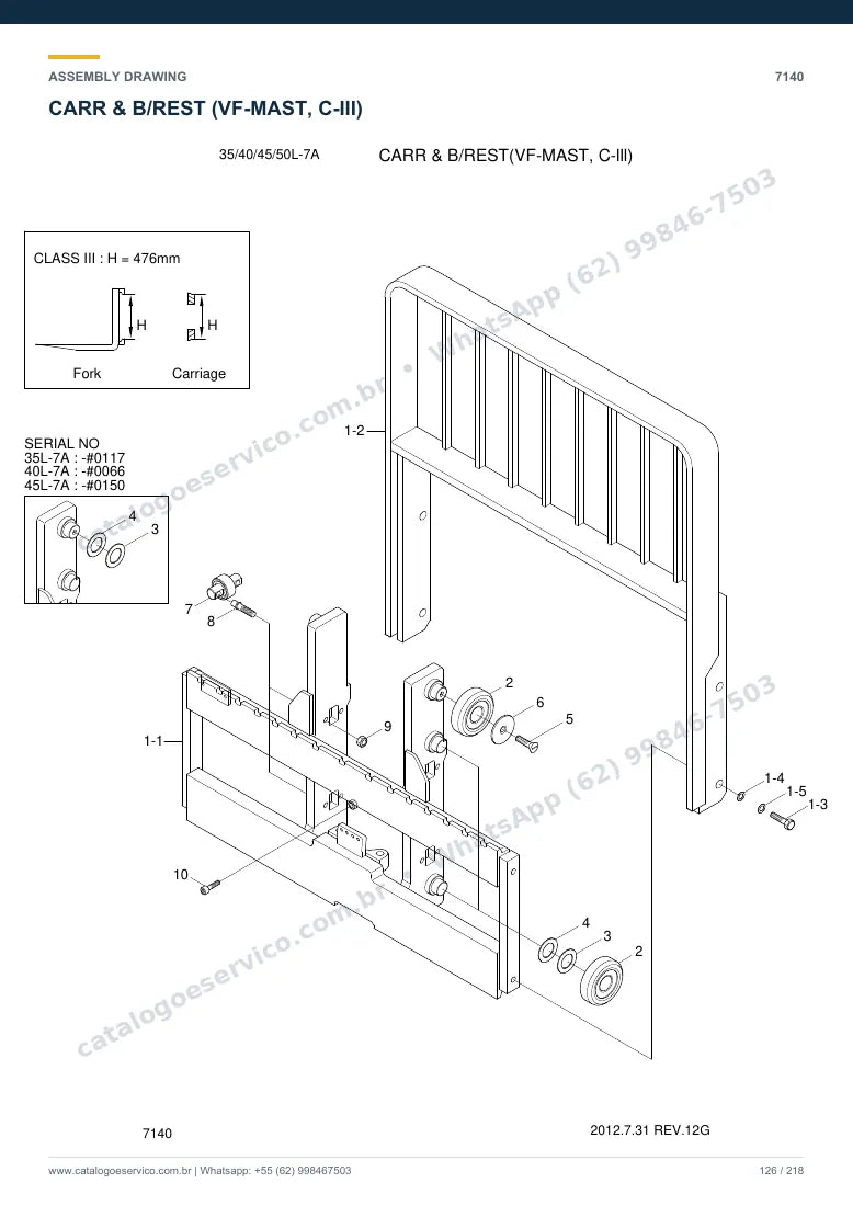 Catálogo de peças Hyundai 35/40/45/50L-7A: desenho de montagem — torre, garfos e carro porta-garfos