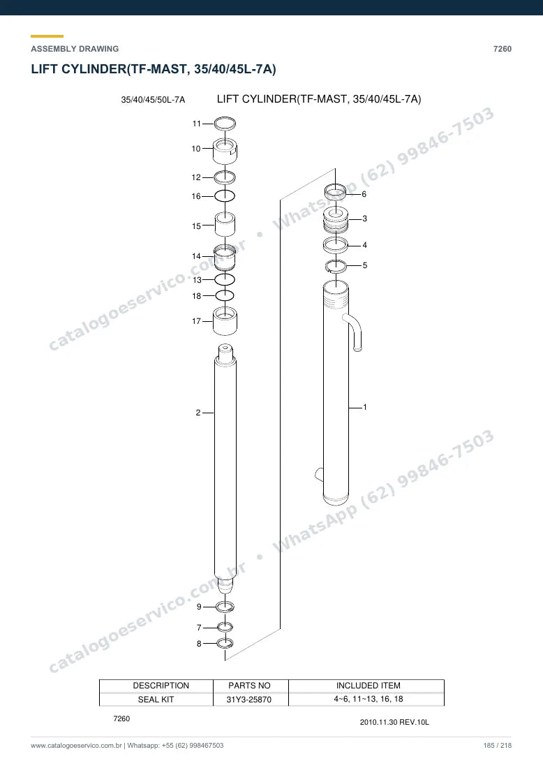 Catálogo de peças Hyundai 35/40/45/50L-7A: desenho de montagem — cilindros hidráulicos