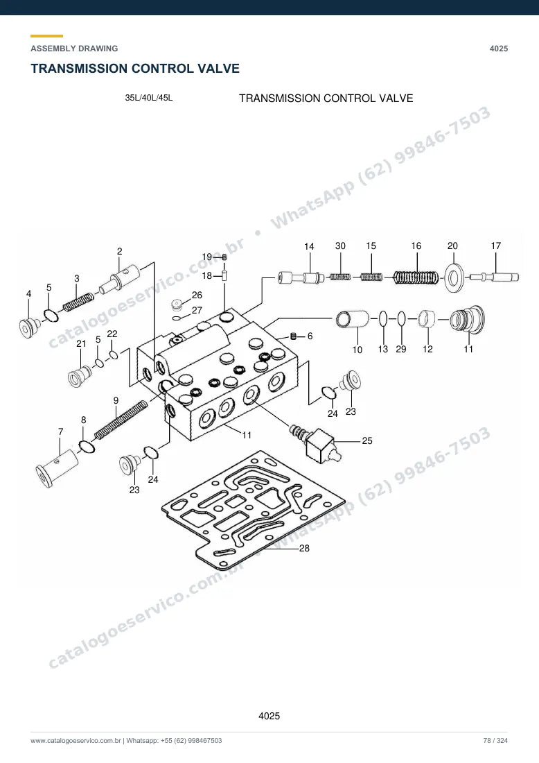 Catálogo de peças Hyundai 35L/40L/45L-7: desenho de montagem — bomba hidráulica e válvula de controle (MCV)
