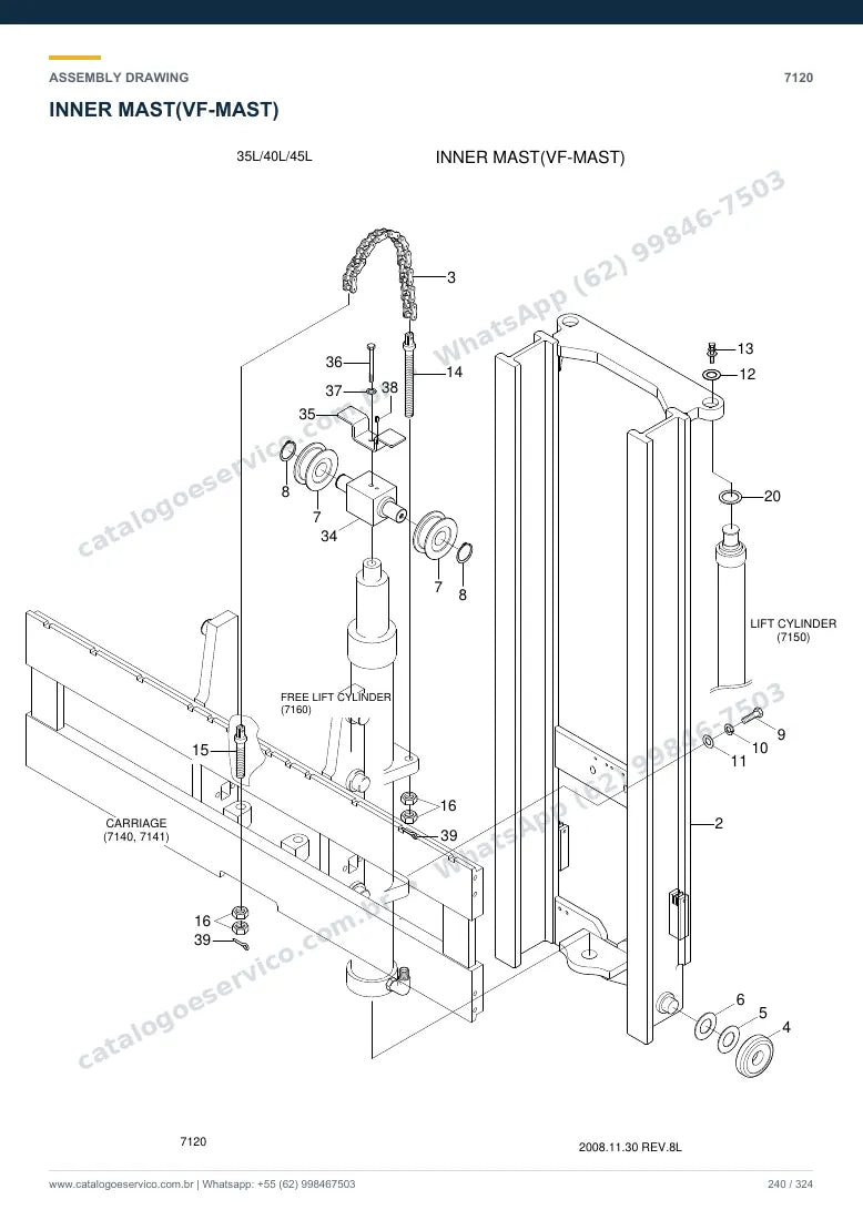 Catálogo de peças Hyundai 35L/40L/45L-7: desenho de montagem — torre, garfos e carro porta-garfos