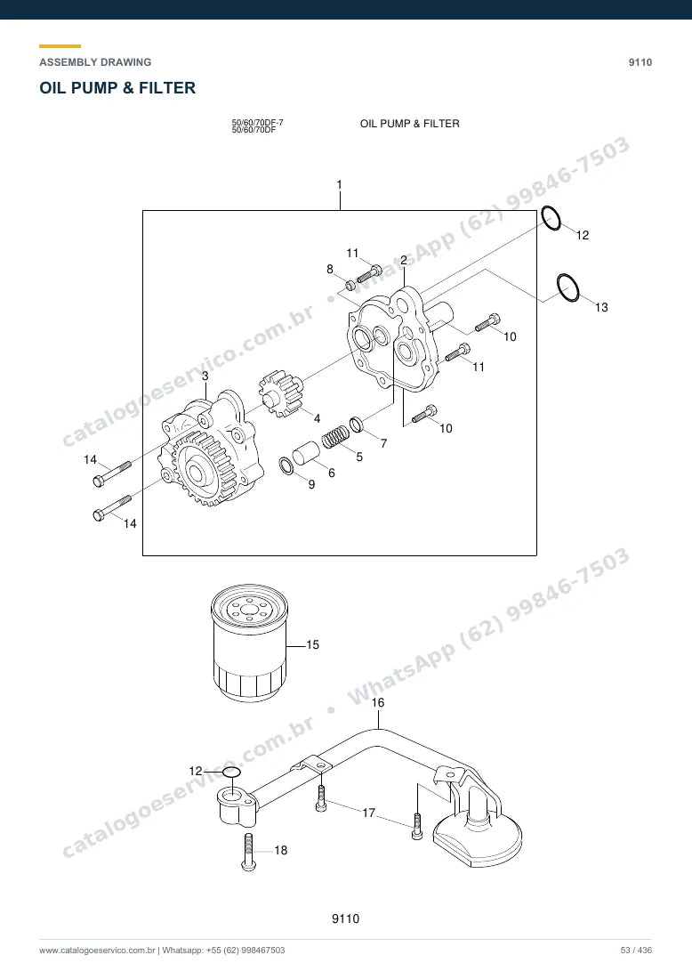 Catálogo de peças Hyundai 50/60/70DF-7: desenho de montagem — bomba hidráulica e válvula de controle (MCV)