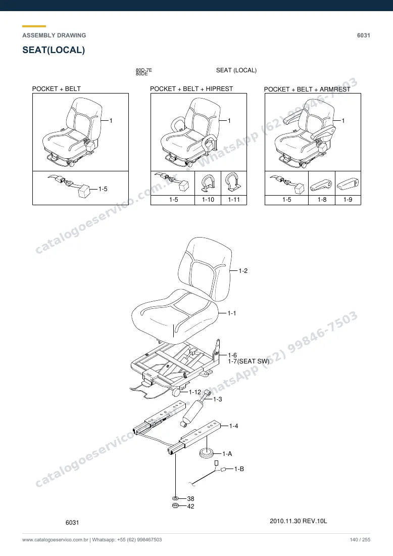 Catálogo de peças Hyundai 80D-7E: desenho de montagem — cabine, assento e comandos