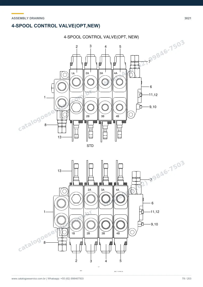 Catálogo de peças Hyundai HBR14/15/18-7: desenho de montagem — bomba hidráulica e válvula de controle (MCV)