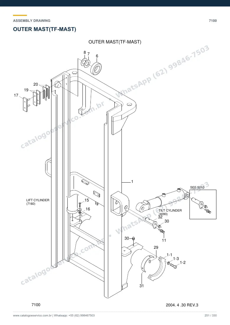 Catálogo de peças Hyundai HDF35/45III: desenho de montagem — torre, garfos e carro porta-garfos