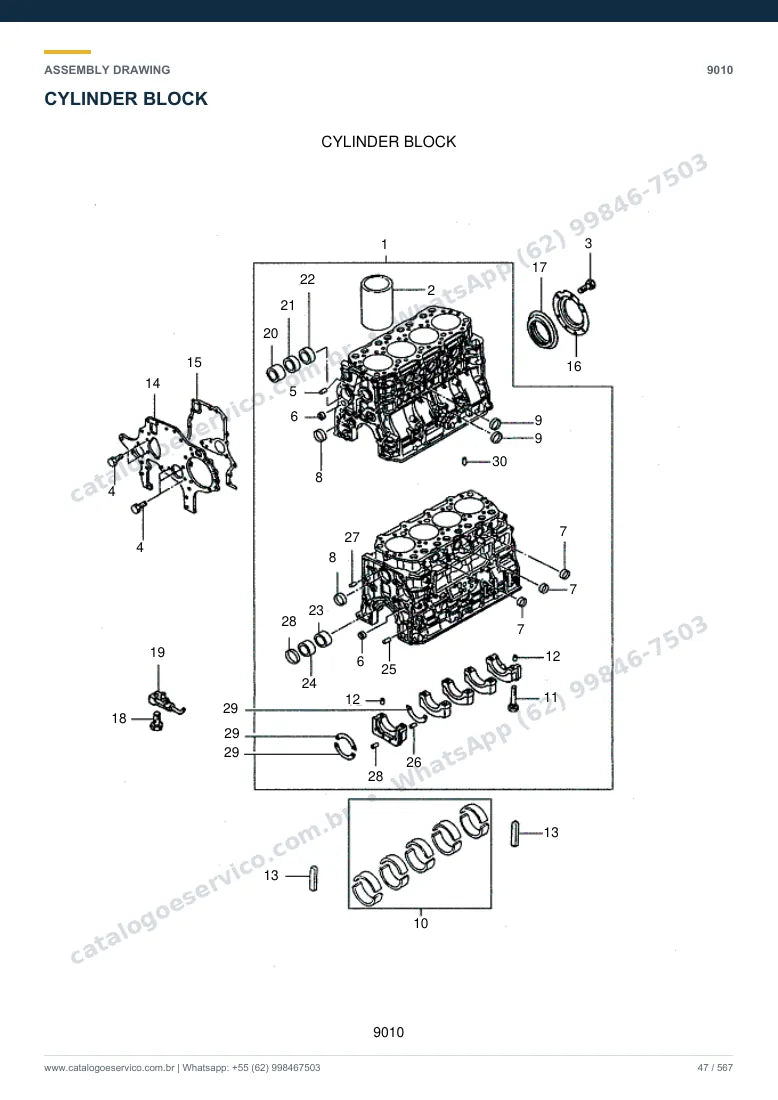 Catálogo de peças Hyundai HDF50/70-7: desenho de montagem — motor e componentes internos