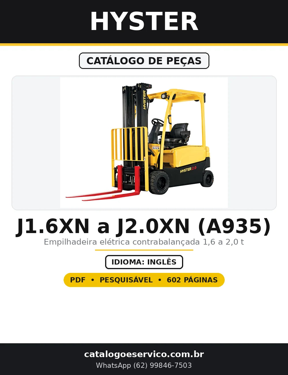 Capa do Catálogo de Peças Hyster J1.6XN a J2.0XN (A935) em PDF com 602 páginas