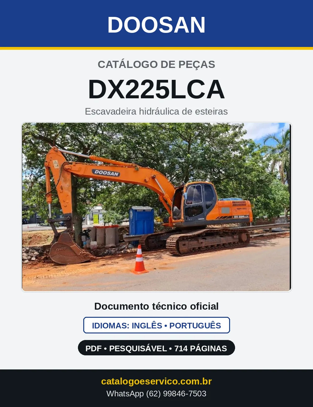 Capa do Catálogo de Peças Doosan DX225LCA em PDF, inglês e português