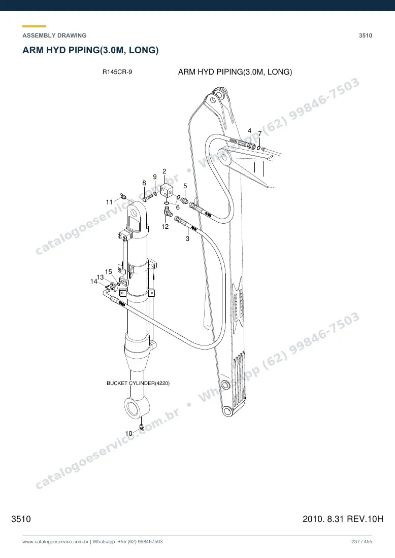 Catálogo de peças Hyundai R145CR-9: desenho de montagem — tubulações hidráulicas
