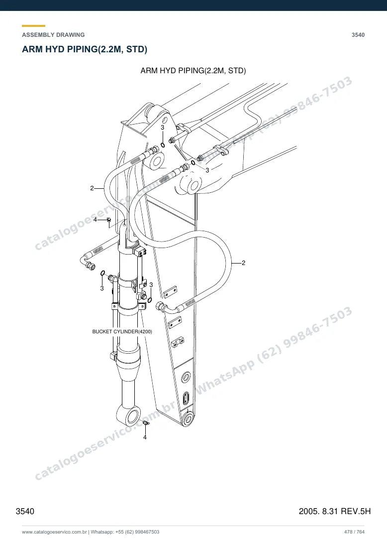 Catálogo de peças Hyundai R170W-7: desenho de montagem — tubulações hidráulicas