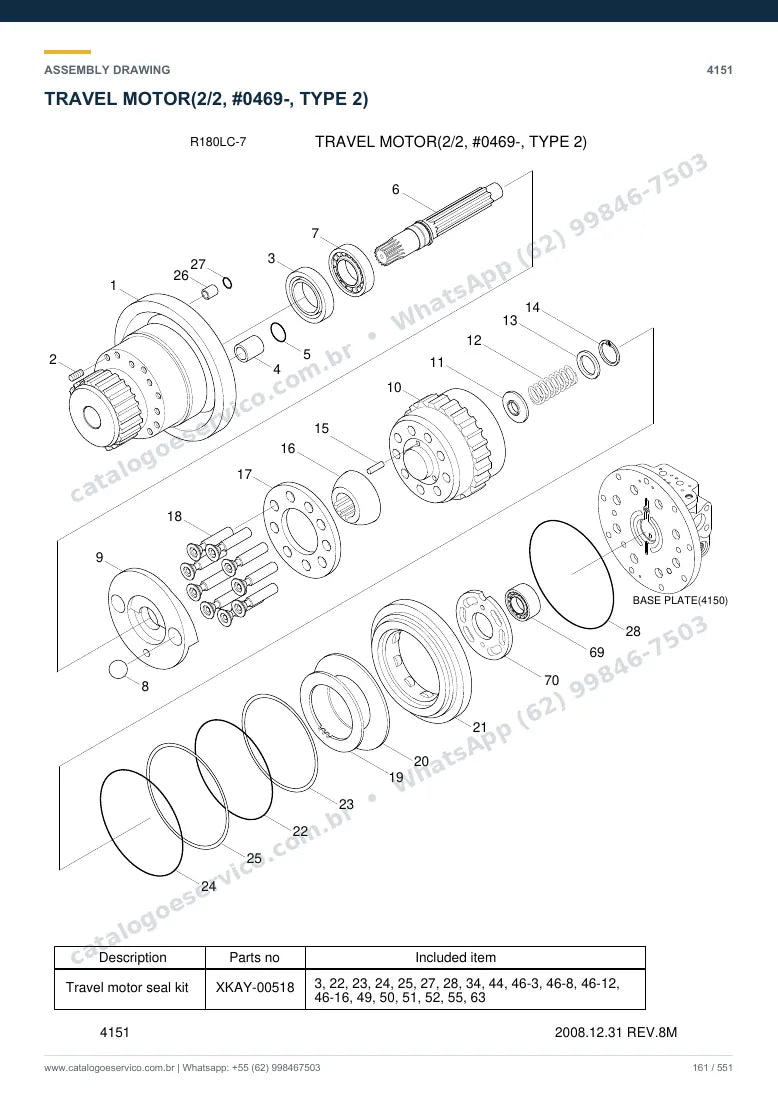 Catálogo de peças Hyundai R180LC-7: desenho de montagem — translação e material rodante