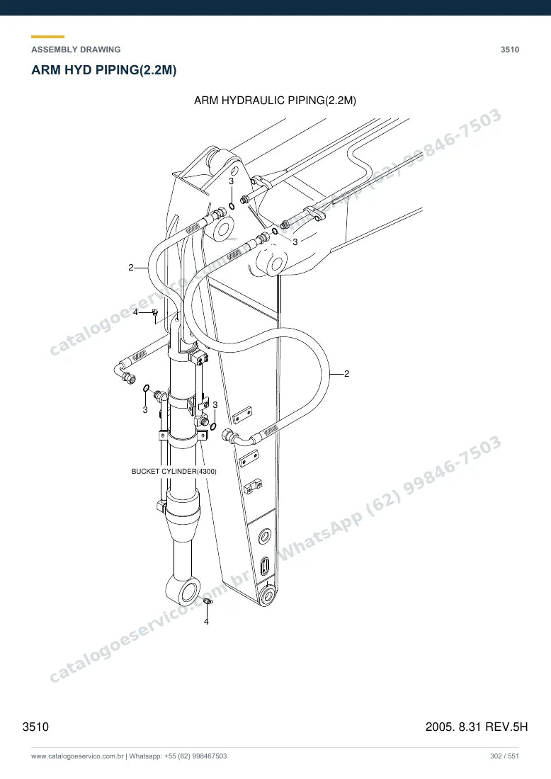 Catálogo de peças Hyundai R180LC-7: desenho de montagem — tubulações hidráulicas