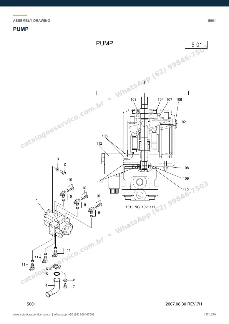 Catálogo de peças Hyundai R35-7: desenho de montagem — bomba hidráulica e válvula de controle (MCV)