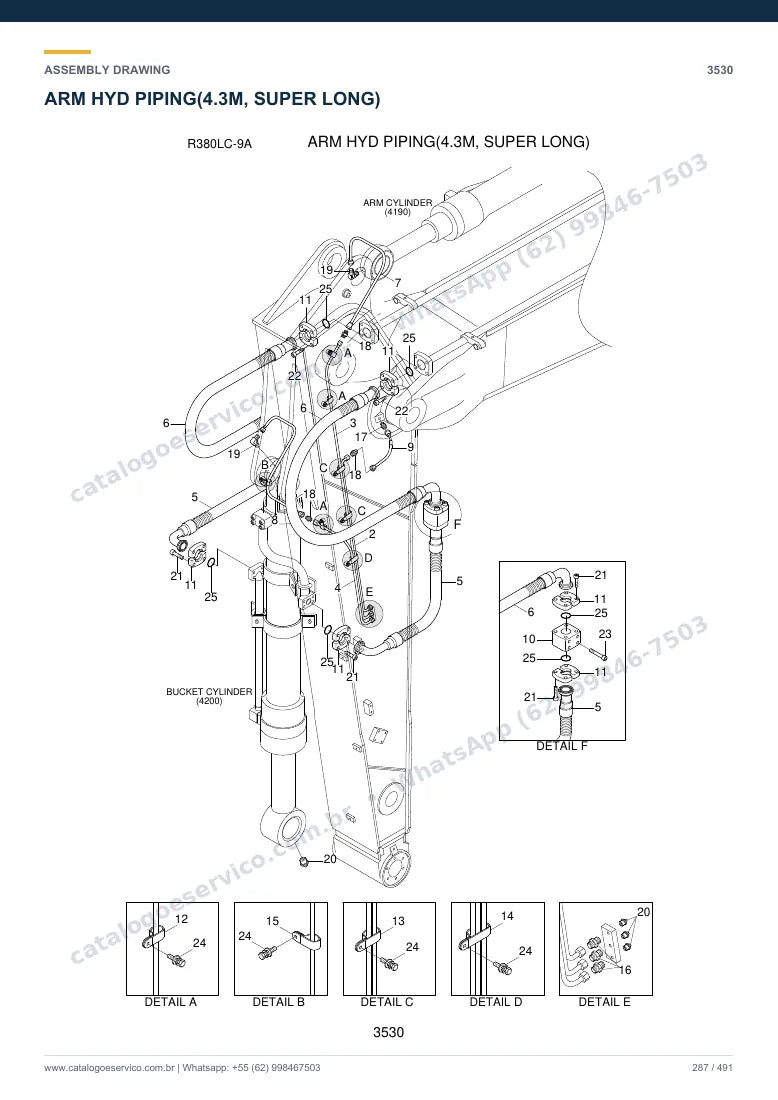 Catálogo de peças Hyundai R380LC-9A: desenho de montagem — tubulações hidráulicas