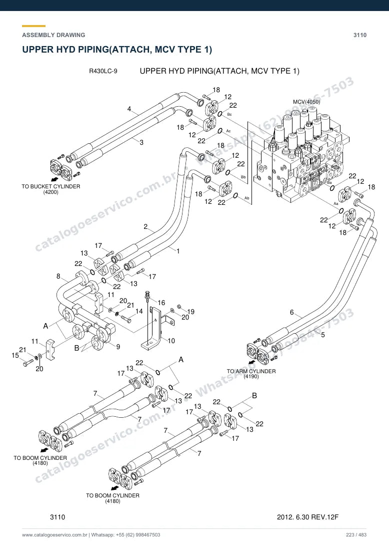 Catálogo de peças Hyundai R430LC-9: desenho de montagem — tubulações hidráulicas