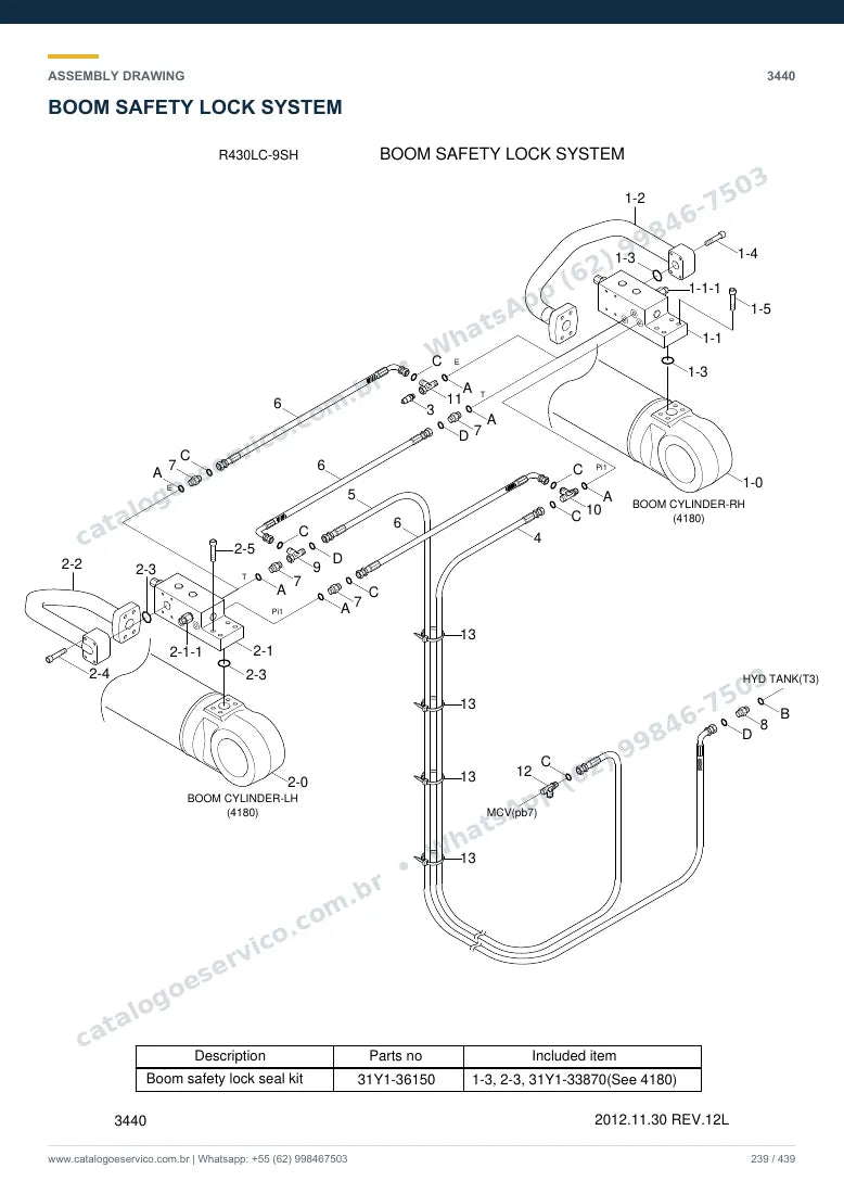 Catálogo de peças Hyundai R430LC-9SH: desenho de montagem — lança, braço e caçamba