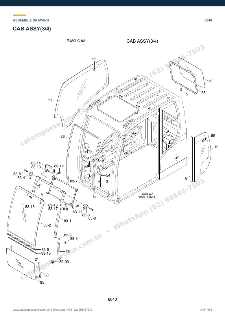Catálogo de peças Hyundai R480LC-9A: desenho de montagem — cabine, assento e comandos
