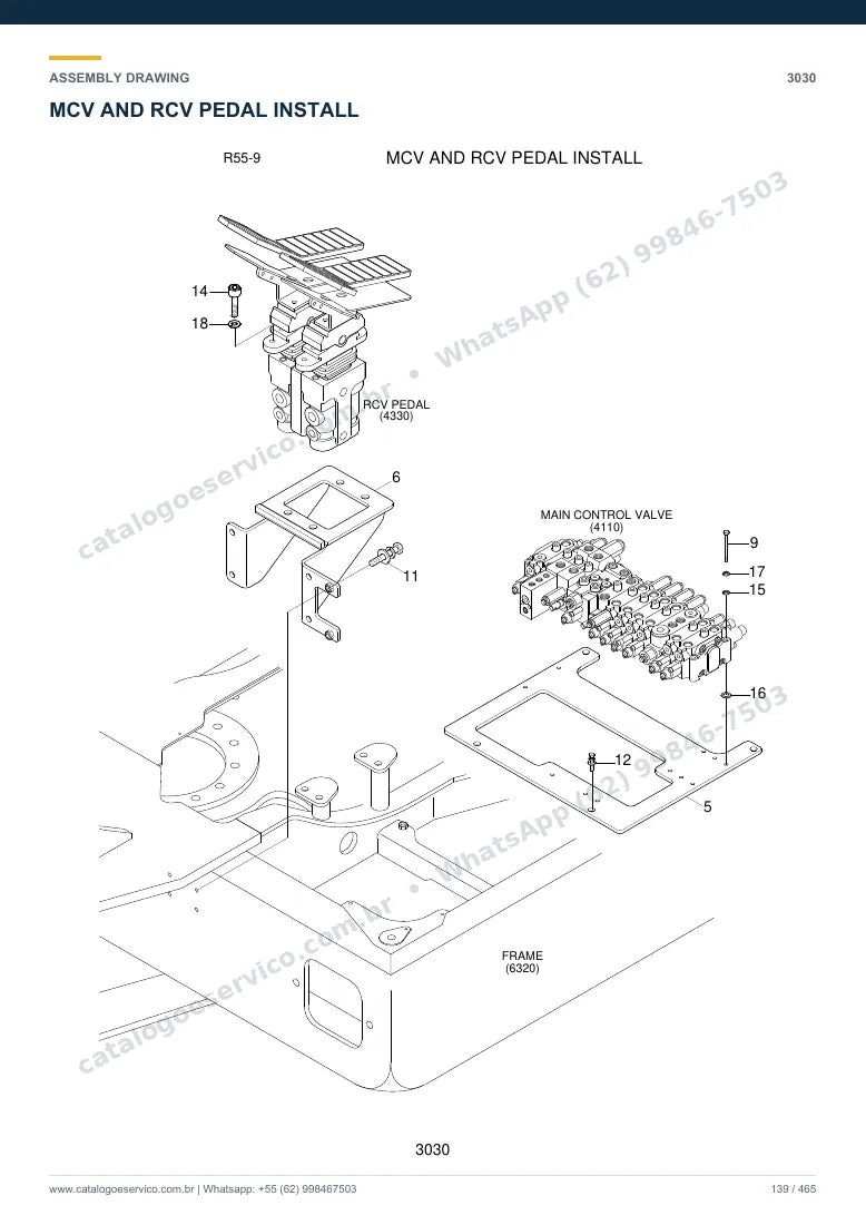 Catálogo de peças Hyundai R55-9: desenho de montagem — bomba hidráulica e válvula de controle (MCV)