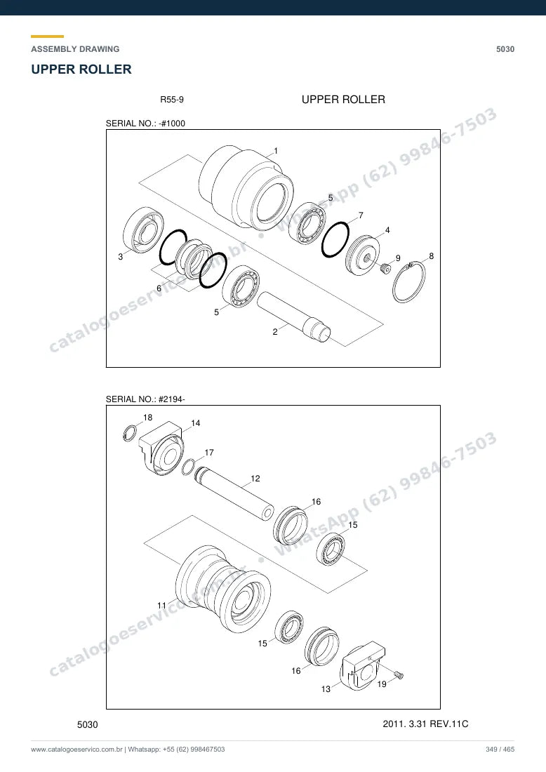 Catálogo de peças Hyundai R55-9: desenho de montagem — translação e material rodante