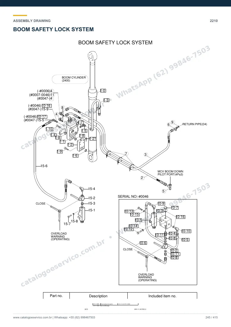 Catálogo de peças Hyundai R95W-3: desenho de montagem — lança, braço e caçamba