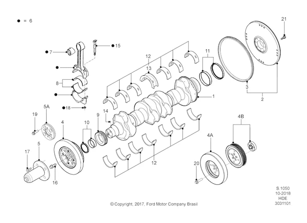 Vista explodida de árvore de manivelas, biela e volante (8.3l isce/8.9l isle) — Catálogo de Peças Ford Cargo Médio/Pesado