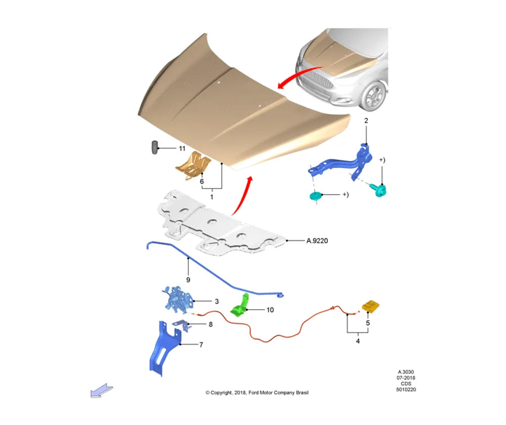 Vista explodida de capuz do motor — Catálogo de Peças Ford Ka e Ka Sedan