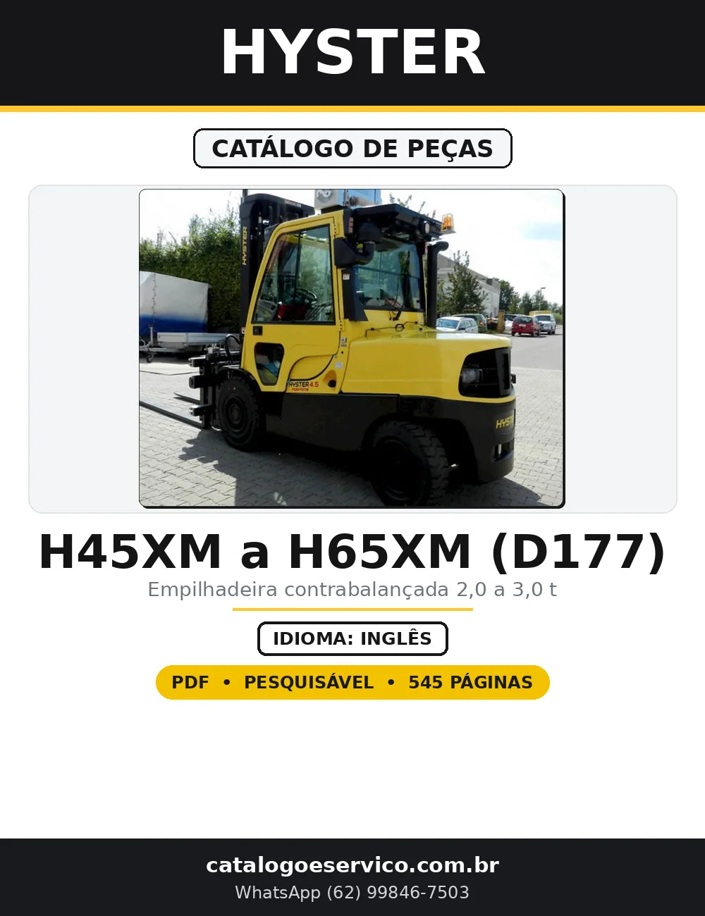 Capa do Catálogo de Peças Hyster H45XM a H65XM (D177) em PDF com 545 páginas