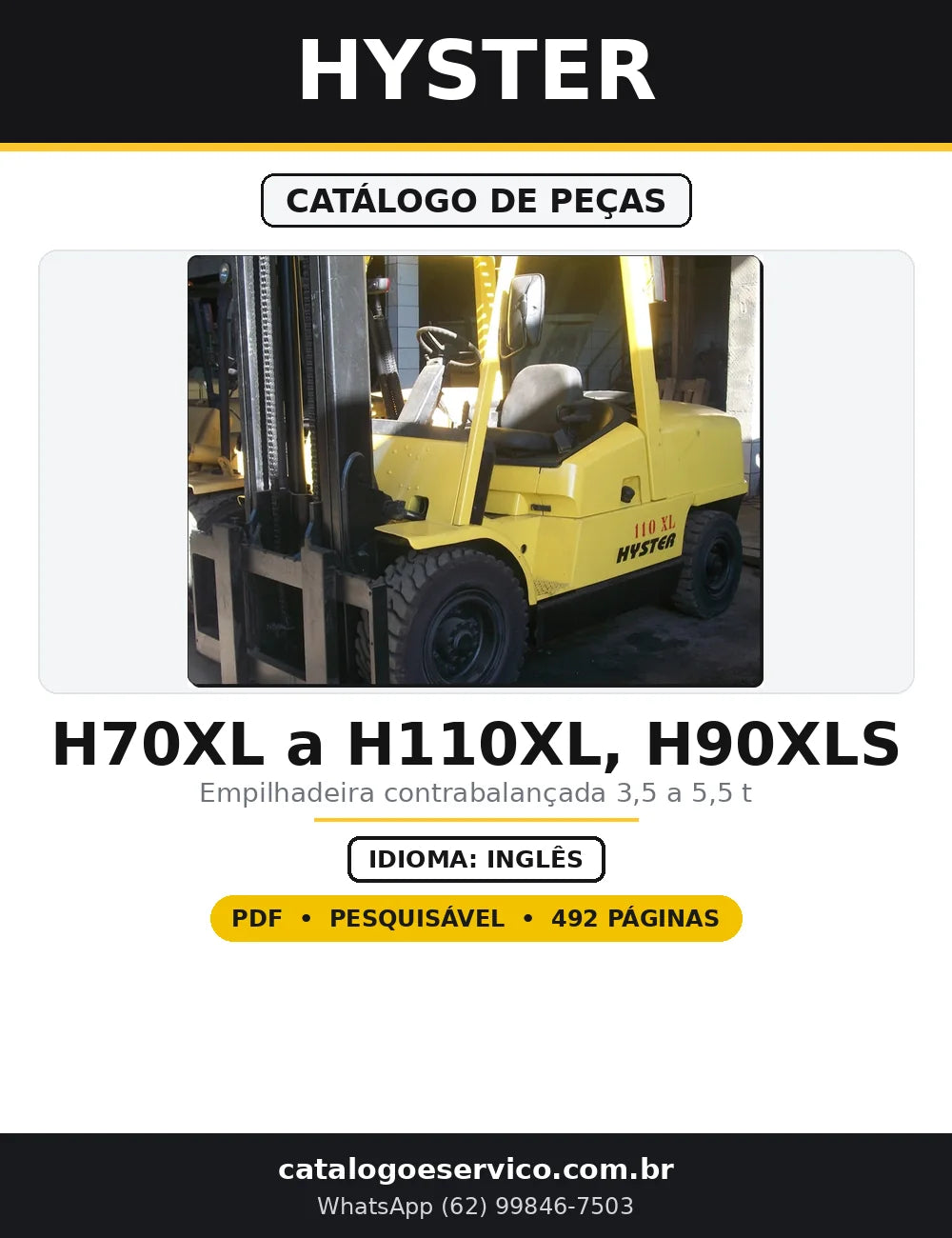 Capa do Catálogo de Peças Hyster H70XL a H110XL, H90XLS em PDF com 492 páginas