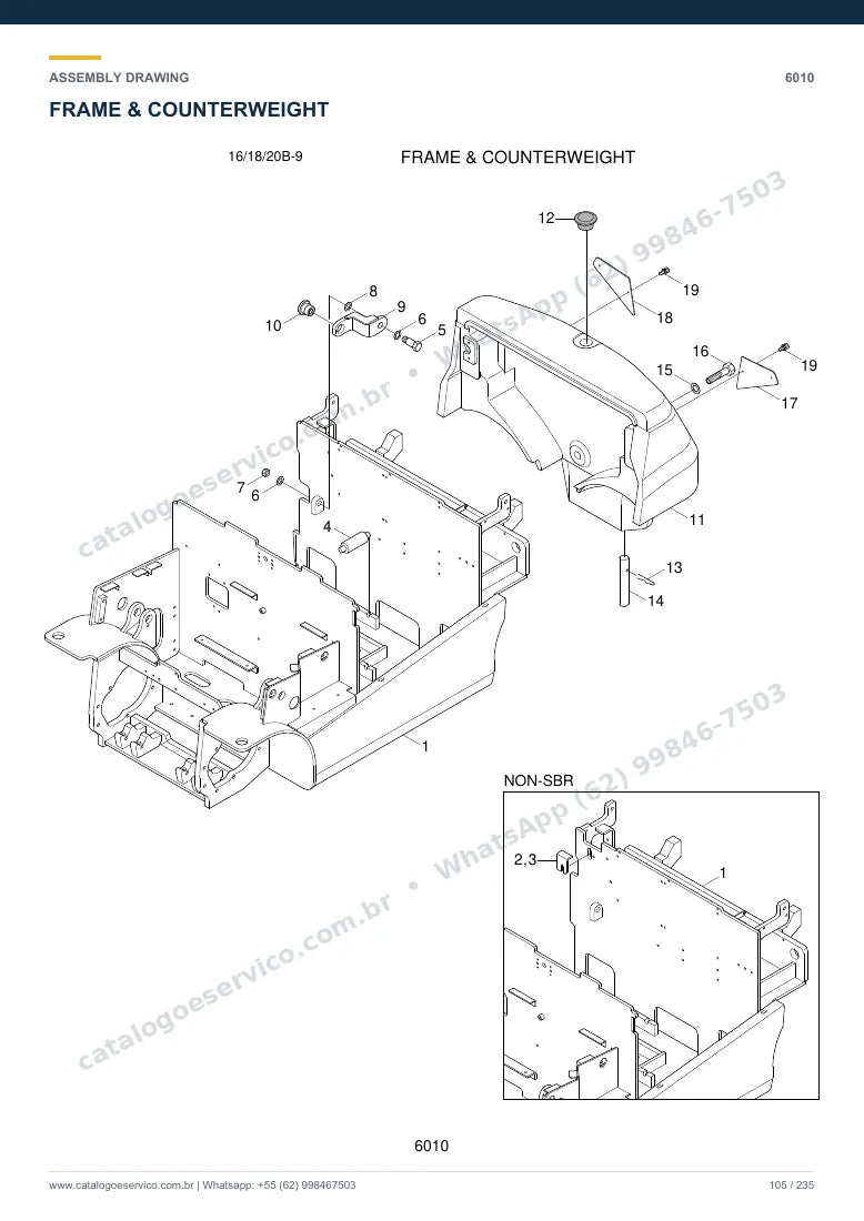 Catálogo de peças Hyundai 16/18/20B-9: desenho de montagem — estrutura, capôs e contrapeso