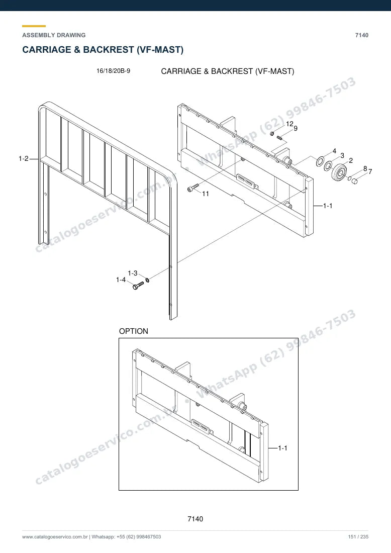 Catálogo de peças Hyundai 16/18/20B-9: desenho de montagem — torre, garfos e carro porta-garfos