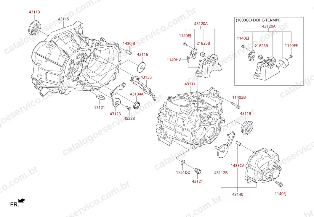 Vista explodida do conjunto transmissão (Receptor caixa de câmbios-manual) no Catálogo de Peças Hyundai HB20