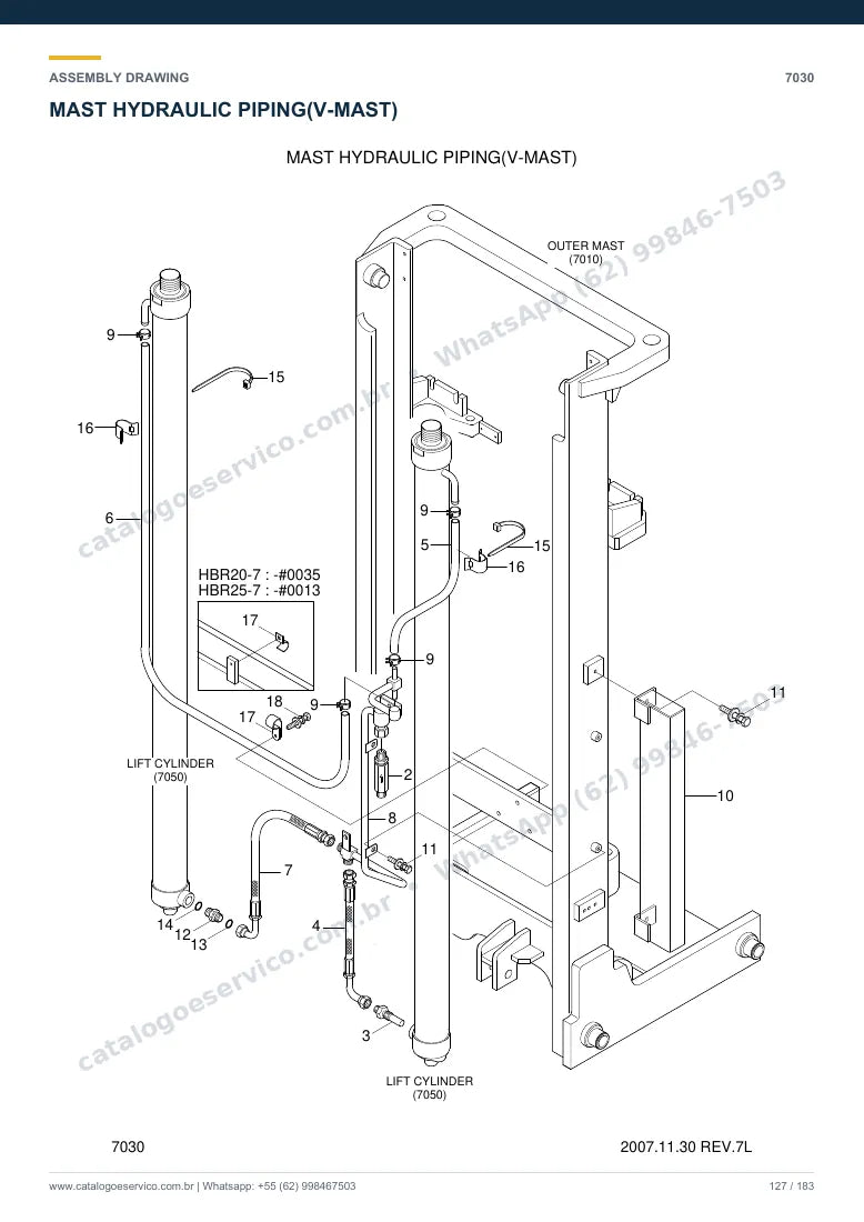 Catálogo de peças Hyundai HBR20/25-7: desenho de montagem — tubulações hidráulicas