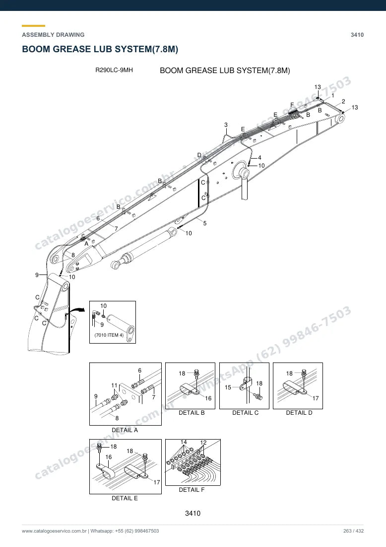 Catálogo de peças Hyundai R290LC-9MH: desenho de montagem — lança, braço e caçamba