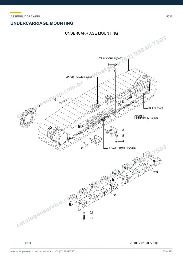 Catálogo de peças Hyundai R370LC-7: desenho de montagem — translação e material rodante