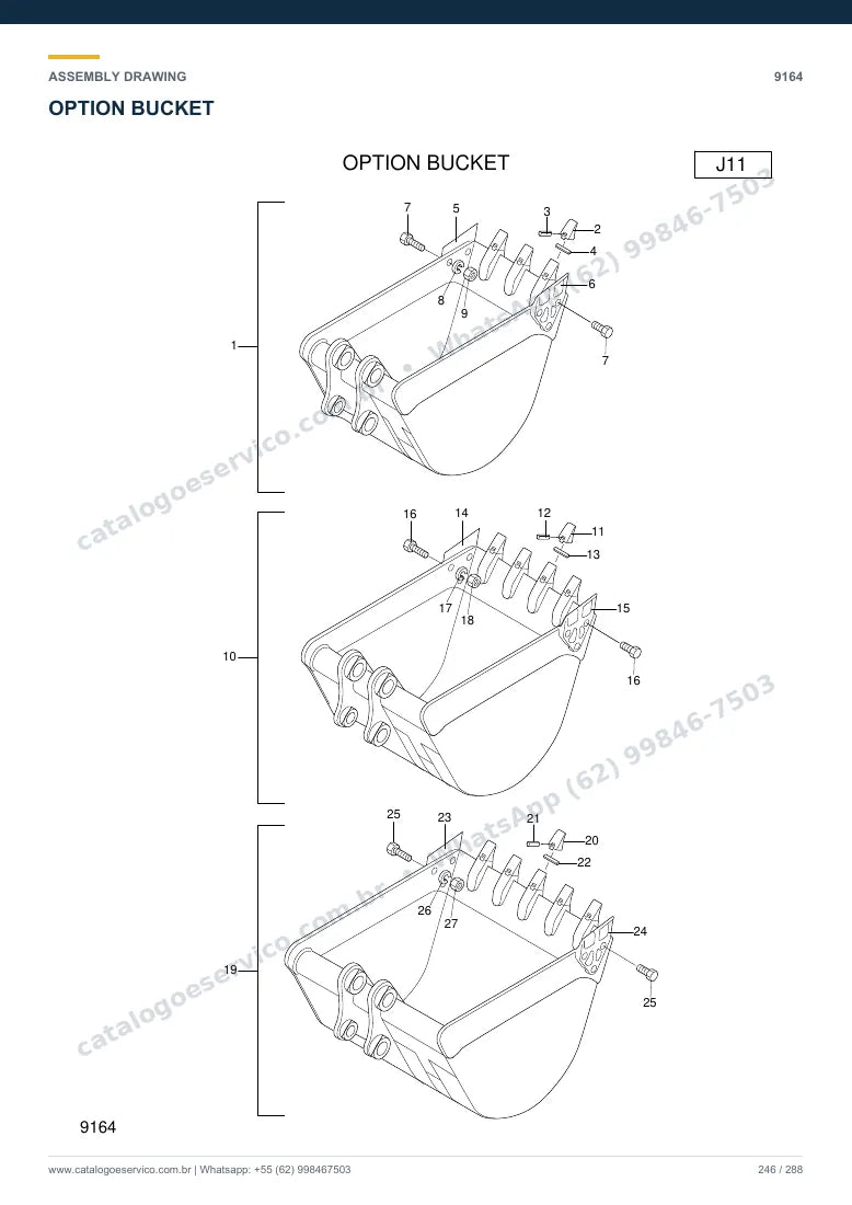 Catálogo de peças Hyundai R75-7: desenho de montagem — lança, braço e caçamba