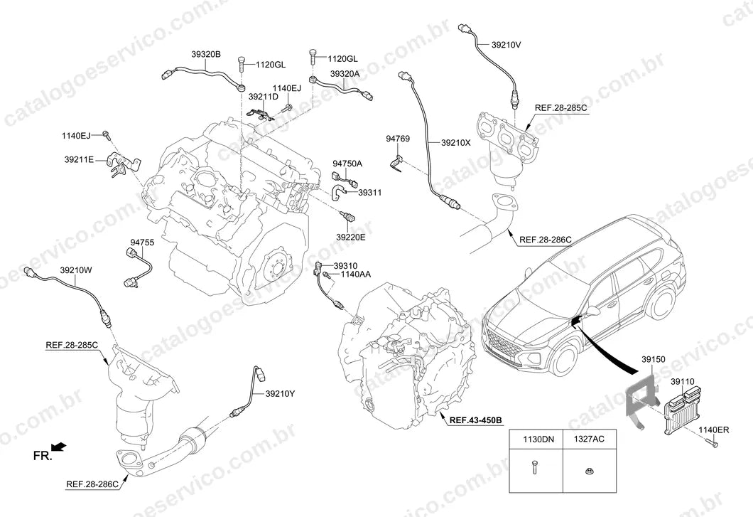Vista explodida do conjunto motor (Control electrónico) no Catálogo de Peças Hyundai Santa Fe