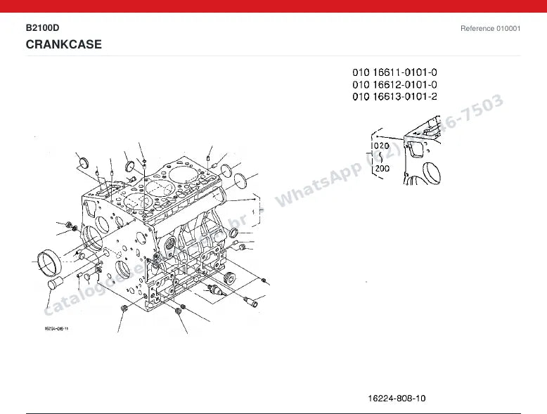 Catálogo de peças Kubota B2100D: vista explodida — motor: bloco, cabeçote, pistões e virabrequim