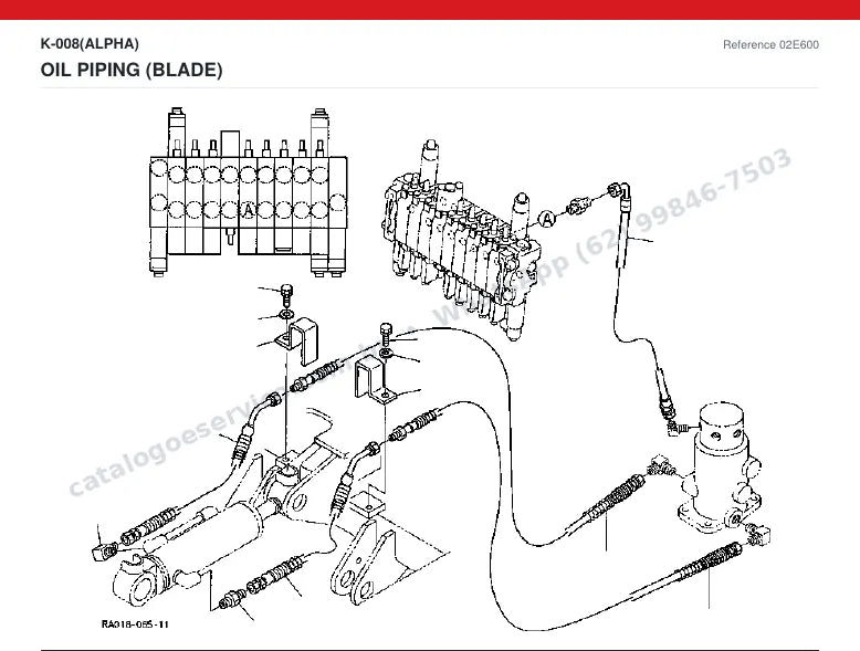 Catálogo de peças Kubota K-008 Alpha: vista explodida — tubulações hidráulicas e tanque de óleo