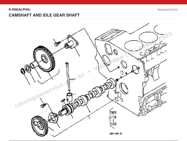 Catálogo de peças Kubota K-008 Alpha: vista explodida — motor: bloco, cabeçote, pistões e virabrequim