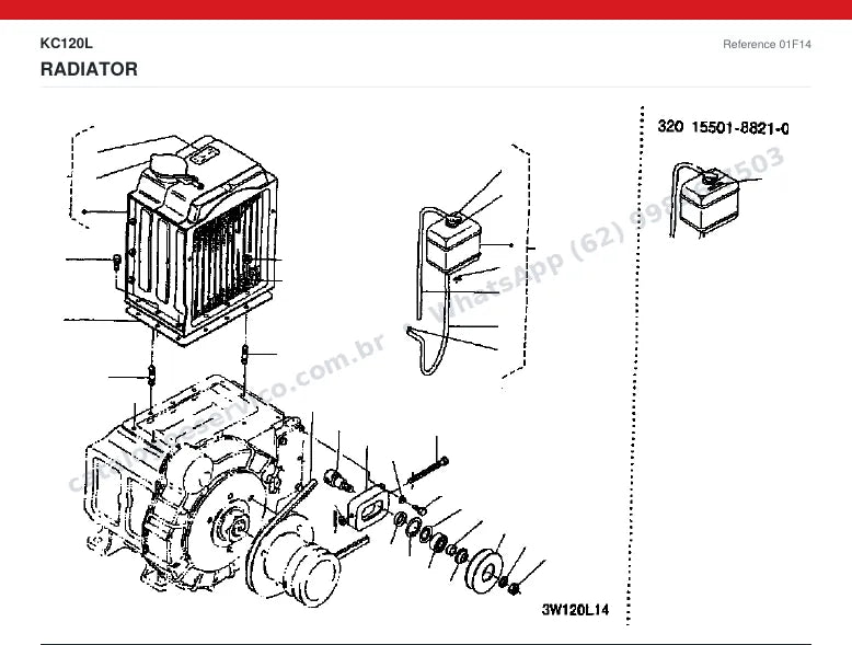Catálogo de peças Kubota KC120L: vista explodida — arrefecimento